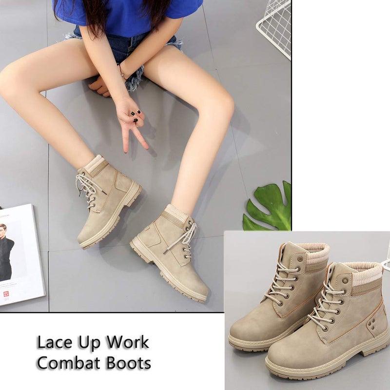 Athlefit Women's Work Waterproof Hiking Combat Boots Lace up Low Heel Booties Ankle Boots Size 9 KHAKI - Image 5